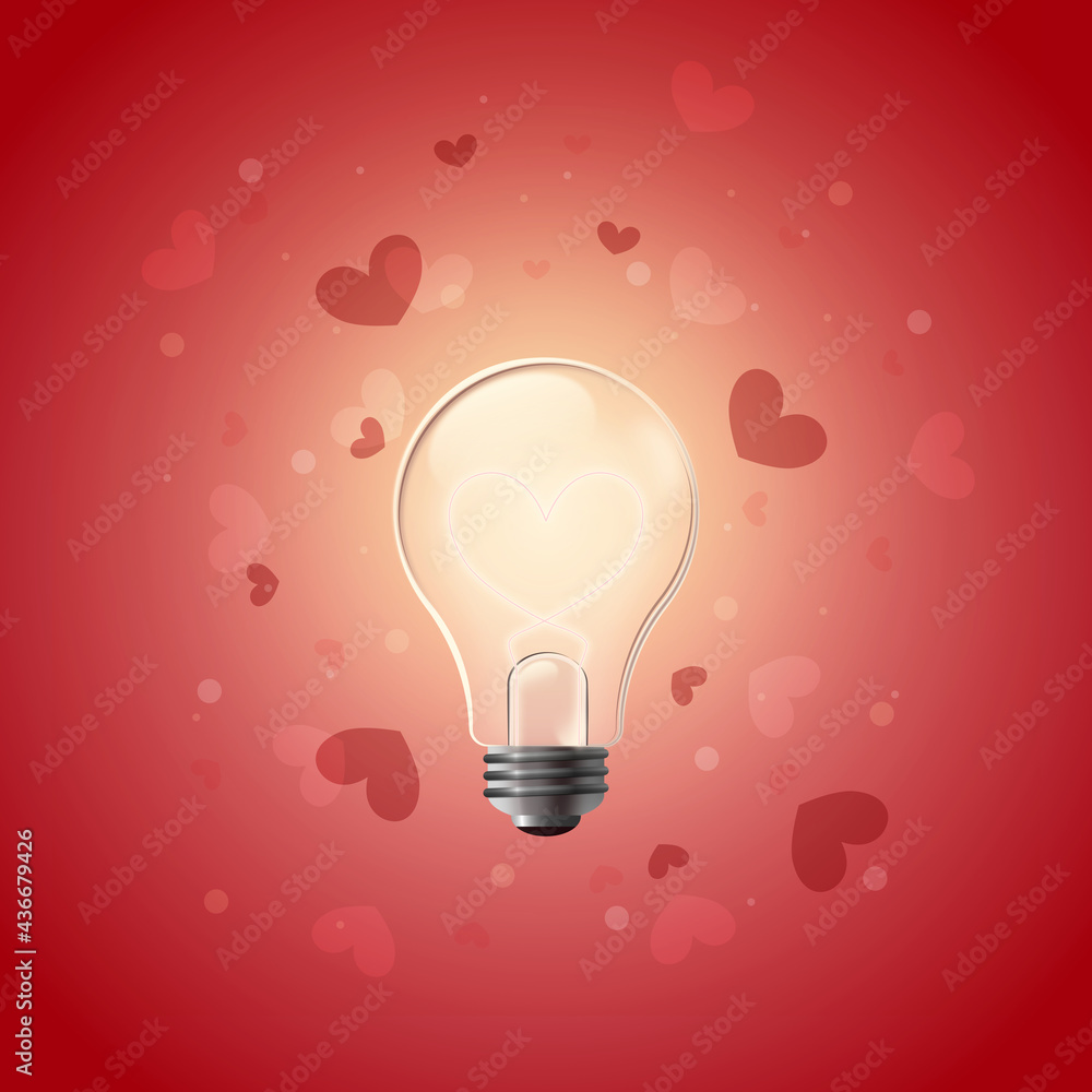 Świecąca żarówka z żarnikiem uformowanym w serduszko na czerwonym tle z abstrakcyjnymi geometrycznymi elementami - romantyczna ilustracja jako koncepcja inspiracji, miłości, pomysłu, kreatywności. - obrazy, fototapety, plakaty 