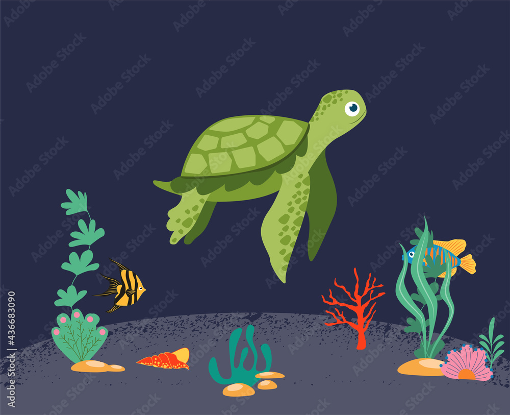 A sea turtle isolated on a dark background. A joyful marine reptile, a charming underwater animal. Cute turtle and coral reef with fish. Underwater marine life. Vector illustration - obrazy, fototapety, plakaty 
