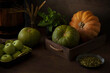 Farmer products, autumn harvest. pumpkins with seeds, apples on rustic background.