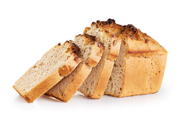 Wall Mural - Slices of freshly baked homemade sour dough bread isolated on white background.