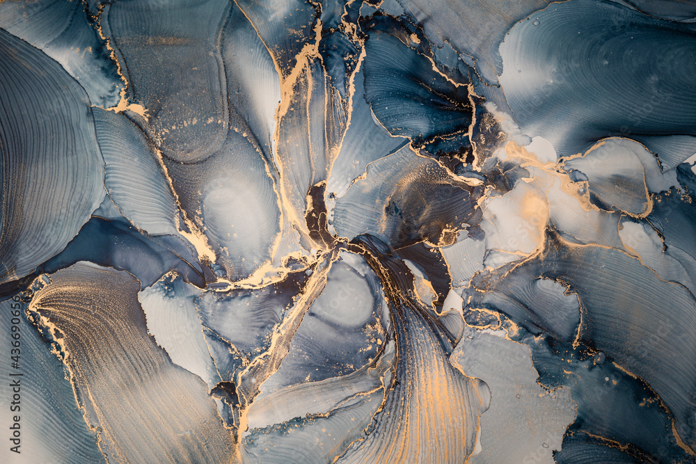 High resolution. Luxury abstract fluid art painting in alcohol ink technique, mixture of dark blue, gray and gold paints. Imitation of marble stone cut, glowing golden veins. Tender and dreamy design. - obrazy, fototapety, plakaty 