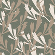 © Lidok_L - Pale spring seamless pattern with beige and grey simple leaf print. Grey dark background. Doodle style.