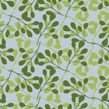 Vintage Spring Style Seamless Pattern With Green White Eucalyptus Shapes. Blue Background. Geometric Style.