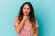 © Asier - Young mexican woman isolated on blue background suffers pain in throat due a virus or infection.
