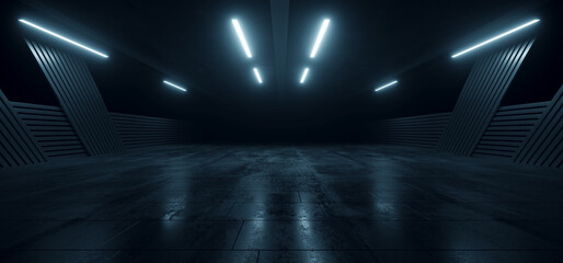 Underground Concrete Hangar Tunnel Garage Realistic Background Showroom Sci Fi Futuristic Modern Grunge Alien Warehouse Hallway Asphalt Dark Lights 3D Rendering