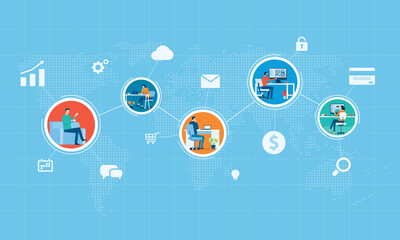 Wall Mural - flat vector business people using technology to remote working and business smart working online con