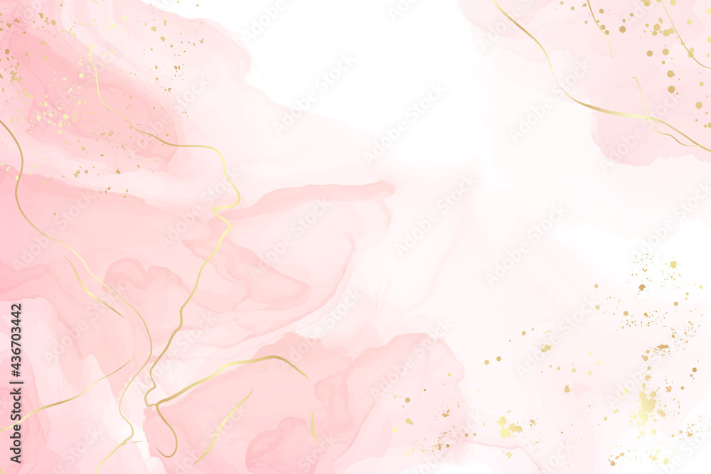 Abstract dusty blush liquid watercolor background with golden cracks. Pastel pink marble alcohol ink drawing effect. Vector illustration design template for wedding invitation - obrazy, fototapety, plakaty 
