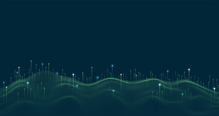 Big data visualization concept. Dynamic wave on blue background. Wave of particles