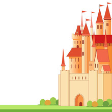 Big Red Fairy Castle With White Background Place For Text. Cartoon Vector Illustration