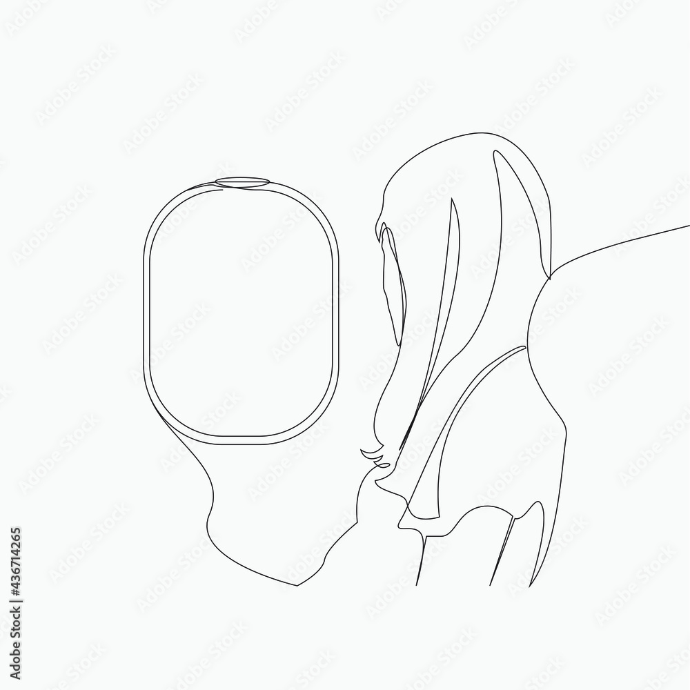 Continuous line, Passenger sits in the airplane next to the window. Drawing of set human. (Vector illustration one line drawing)
