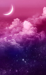 magic, pink landscape with a glow moon and bright stars in deep space, a gentle, fairytale backgroun