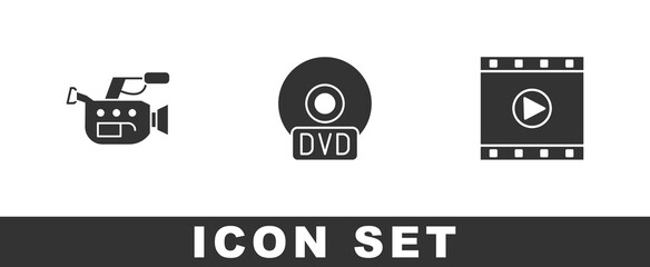 Poster - Set Cinema camera, CD or DVD disk and Play Video icon. Vector