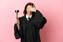Middle Aged Judge Woman Isolated On Pink Background Covering Eyes By Hands. Do Not Want To See Something