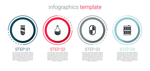 Sticker - Set Quiver with arrows, Old bottle of wine, Shield and Wooden barrel. Business infographic template. Vector