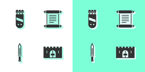 Sticker - Set Medieval castle gate, Quiver with arrows, sword and Decree, parchment, scroll icon. Vector