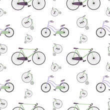Vector Seamless Pattern With Road Bike,city Bike And Penny-farthing In Pastel Colors On White Background.Flat Style Background For World Bicycle Day,decoration,wrapping Paper,fabrics,prints,textile