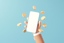 Hand Of Businessman Holding Mock Up Smartphone Surrounded By Golden Coin On Blue Background, Hand Showing Blank Mobile Phone. 3d Render.