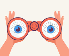 Hands Hold Binoculars And Look Through Them. Vector Illustration For Search Engine Or Research, Web Surfing. Trendy.