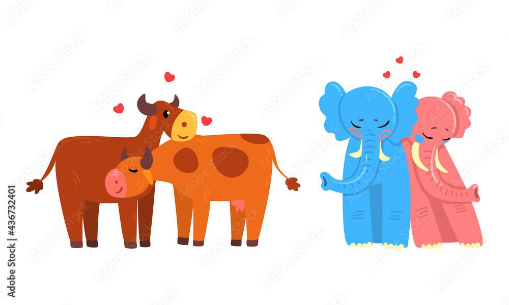 Animal Couples in Love Set, Cute Romantic Cow and Elephant Characters Hugging Cartoon Vector Illustration - obrazy, fototapety, plakaty 
