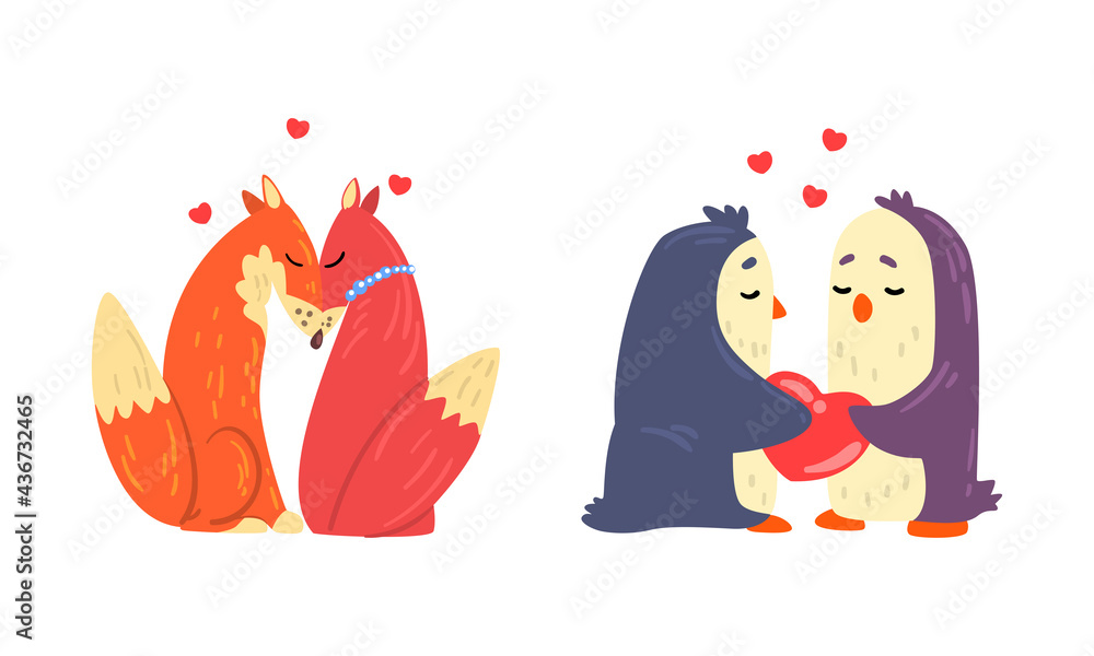 Animal Couples in Love Set, Cute Romantic Fox and Penguin Characters Hugging Cartoon Vector Illustration - obrazy, fototapety, plakaty 