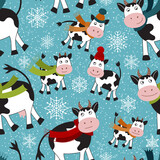 Fototapeta Pokój dzieciecy - Vector Seamless pattern with bulls, calves and snowflakes. Loop pattern for fabric, textile, wallpaper, posters, gift wrapping paper, napkins, tablecloths. Print for kids. Children's pattern 