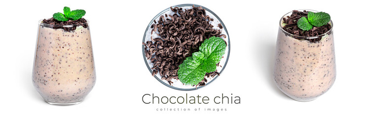 Wall Mural - Chocolate dessert with chia seeds and mint isolated on a white background. Chocolate parfait. A healthy dessert.