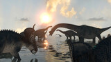 dinosaurs at sunset render 3d