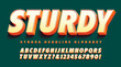 Sturdy 3d font; great for strong attention-grabbing headline art. Orange, yellow and white color scheme on a deep green background.