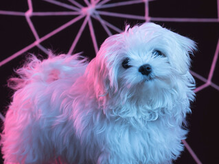 Poster - Cute white dog in front of an artificial spider web under pink lighting