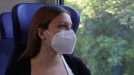 Wall Mural - Close up of young woman wearing protective mask FFP2 KN95 traveling by train 