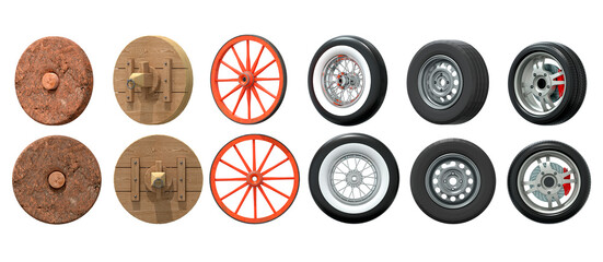 The evolution of the wheel, from a primitive stone disk to a car alloy wheel