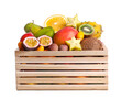 Wooden crate with different exotic fruits on white background