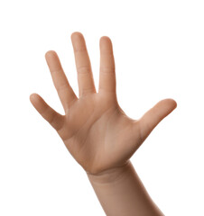 Little child against white background, closeup on hand