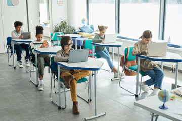 Wall Mural - Wide angle view at diverse group of young children using gadgets while sitting at desks in school classroom, copy space