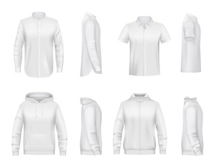Wall Mural - Man clothing, white shirt with long and short sleeves, hoodie realistic vector mockup. Hooded sweatshirt with zipper and pockets, classic cotton or linen shirt. Men casual wear, apparel mock-up