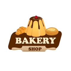 Wall Mural - Bakery shop icon with pastry cakes and sweet desserts, vector sign. Bakery shop patisserie cafe and confectionery sweet shop cafeteria emblem with chocolate cake or cupcake muffin and pudding