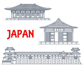 Wall Mural - Japanese travel landmarks, temple buildings, Buddha architecture, vector line icons. Japanese famous Shinto shrines Toshodai-ji and Fuku-ji temple in Nara prefecture and Kanazawa Castle in Ishikawa