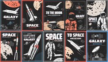 Galaxy And Space Exploration Vector Retro Posters With Glitch Effect. Rocket And Shuttle In Outer Space, Rover On Moon Or Mars Surface, Astronaut Or Spaceman And Planets, Moon And Asteroid