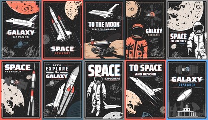 Galaxy and space exploration vector retro posters with glitch effect. Rocket and shuttle in outer space, rover on Moon or Mars surface, astronaut or spaceman and planets, moon and asteroid