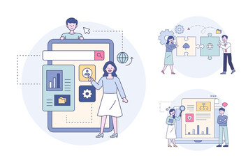 Man explaining settings icon on digital device, colleague doing two puzzles, people looking at analytics online. Outline flat design style minimal vector illustration set.