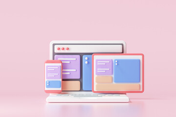 mobile application, software and web development with 3d shapes, bar chart, an infographic on pink b