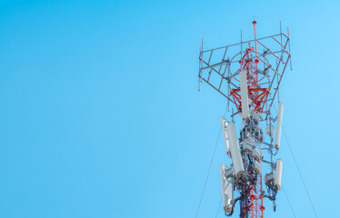 Telecommunication tower. Antenna on blue sky. Radio and satellite pole. Communication technology. Telecommunication industry. Mobile or telecom 5g network. Network connection business background.