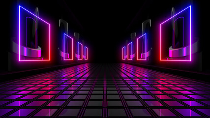 Wall Mural - sci fy neon lamps in a dark corridor. reflections on the floor and walls. 3d rendering image.