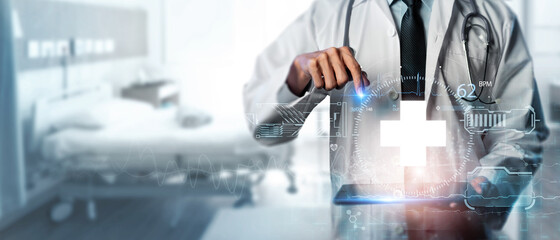 Technology Innovation and medicine concept, doctor medical using knowledge and modern virtual data try to recover the patient with covid-19 pandemic for better recover to decrease amount of patient