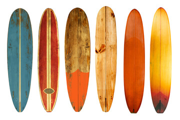 Collection of vintage wooden longboard surfboard isolated on white with clipping path for object, retro styles.