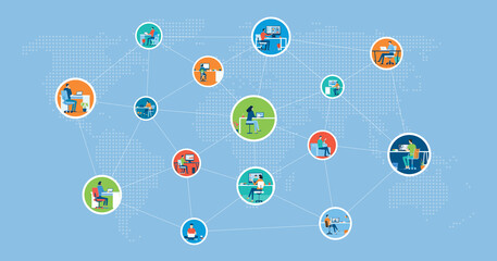 Wall Mural - flat vector business people using technology to remote working and business smart working online con