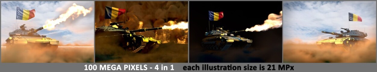 Chad army concept - 4 high detail images of heavy tank with not existing design with Chad flag, military 3D Illustration