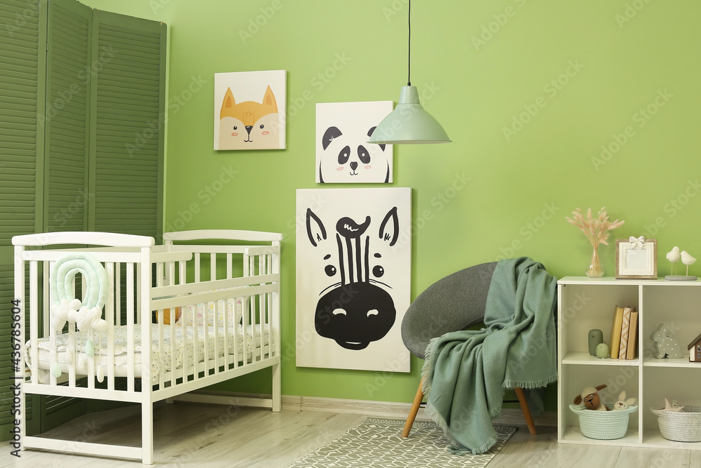 Interior of stylish children's room with comfortable bed - obrazy, fototapety, plakaty 