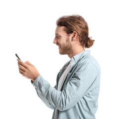 Canvas Print - Handsome young man using mobile phone on white background