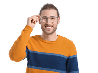 Canvas Print - Young man wearing eyeglasses on white background